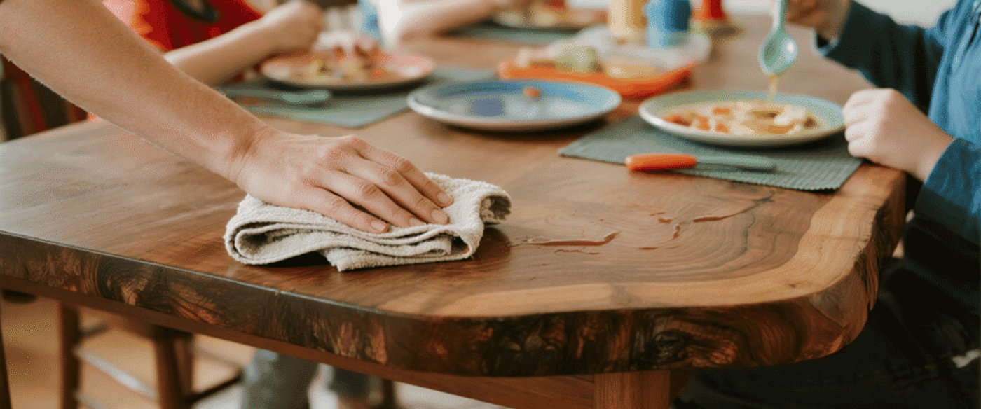 Parent wiping wooden table after a kids' meal, clearing crumbs and spills to keep the dining area tidy and safe.