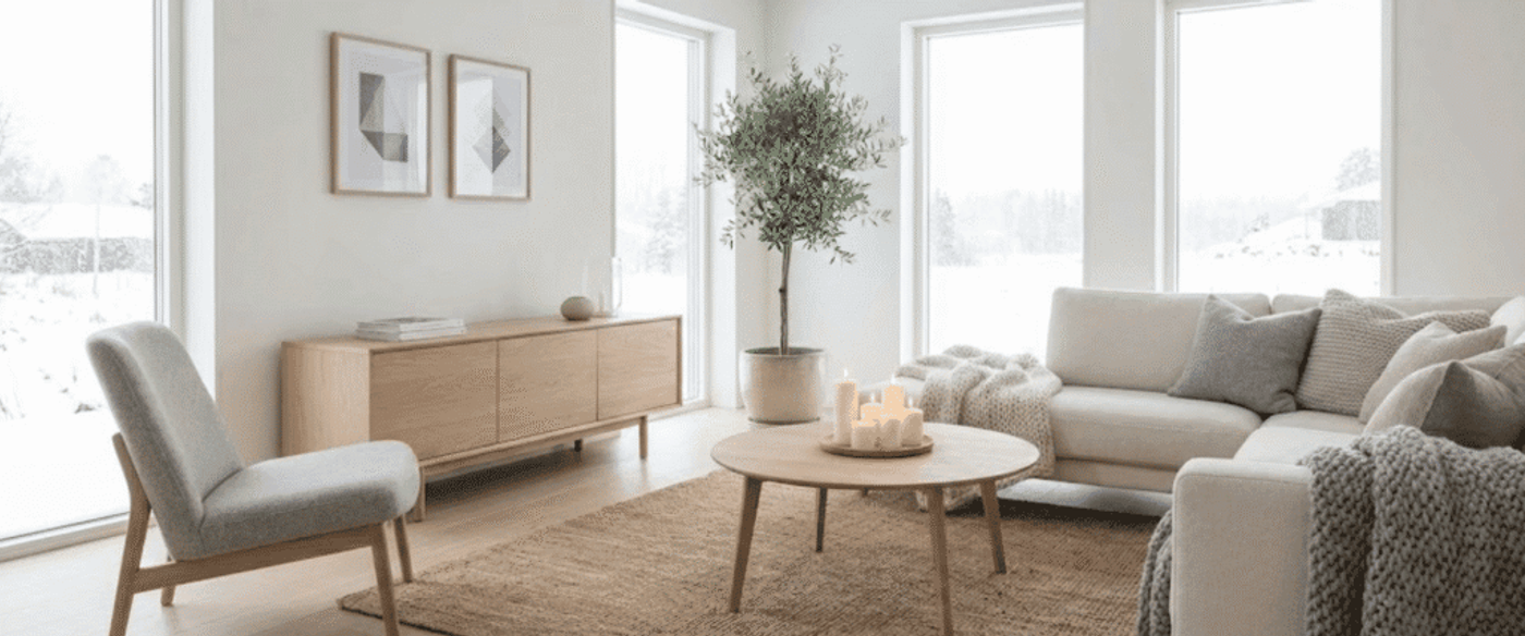 Bright, cozy living room with neutral sofa, round wooden coffee table with candles, armchair, rug, sideboard and large windows