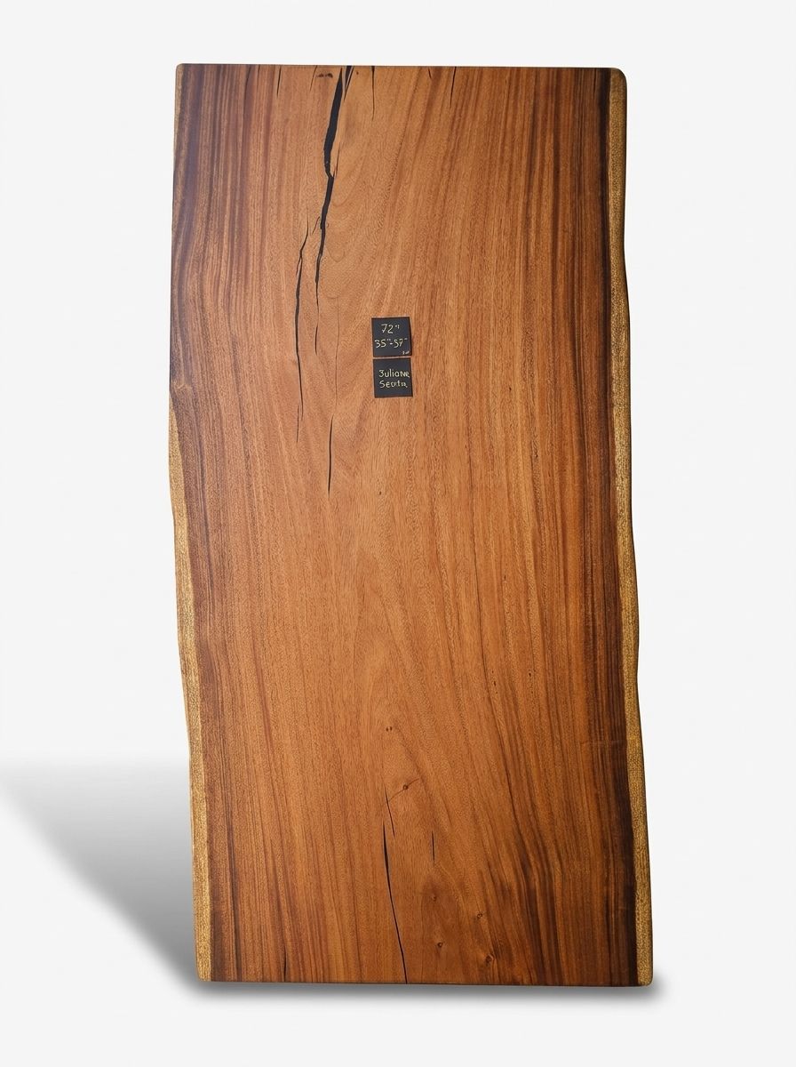 Natural wood slab table legs with hollow centers and visible live edge grain.