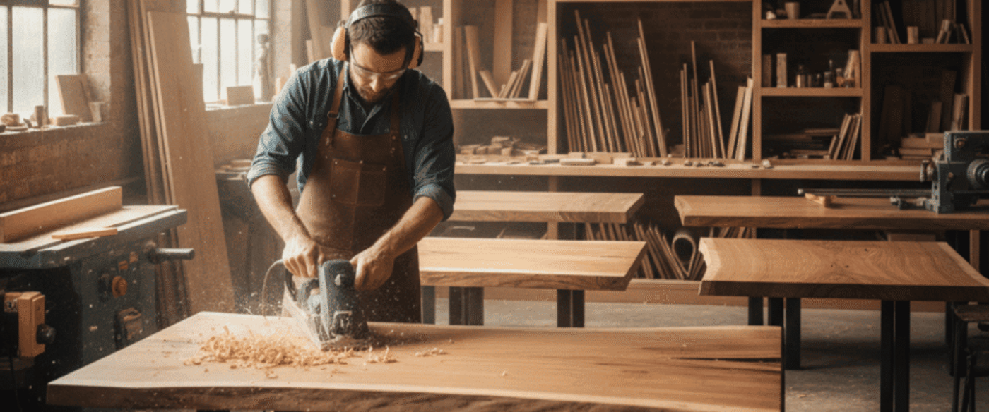 Woodworker wearing ear protection and apron using an electric planer on a large wooden table in a sunlit, organized workshop