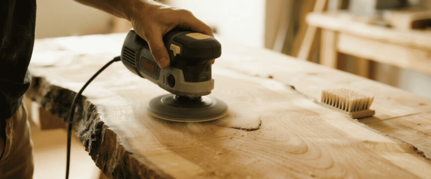 Hand-held sander smoothing a live-edge wooden slab on a workbench, close-up of hand, tool, and wood grain.