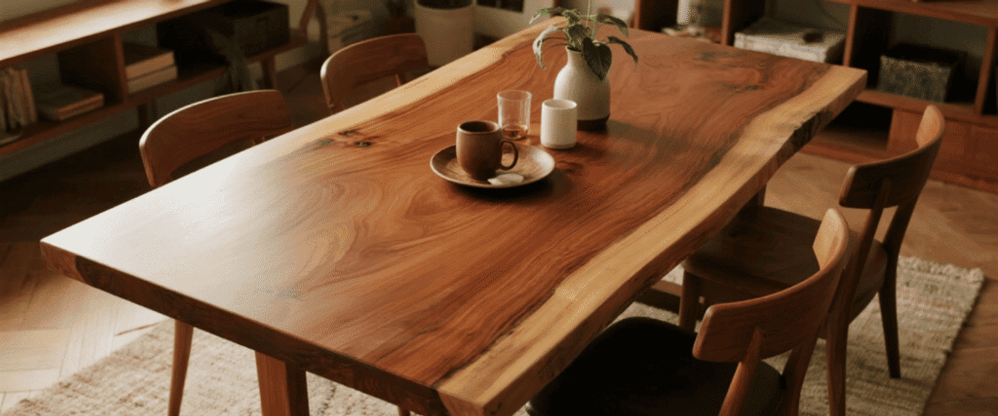 Warm wooden dining table with live edge, four matching chairs, potted plant and cups on a rug in a cozy, minimalist living room.