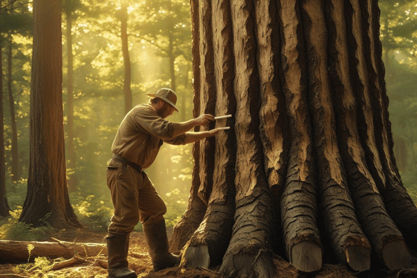 Man measuring large tree trunk in forest, surrounded by sunlight filtering through trees.