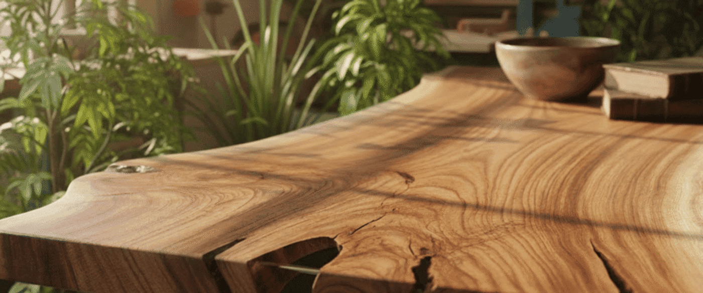 Live-edge wooden table with rich grain and cracks in a sunlit workshop, surrounded by potted plants, tools, and a bowl on top