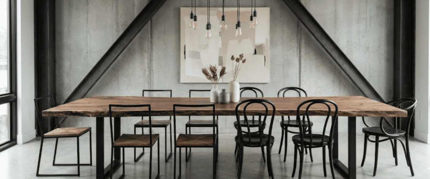 Modern industrial dining room with long live-edge wood table, mixed black metal and bentwood chairs, pendant lights, and concrete walls