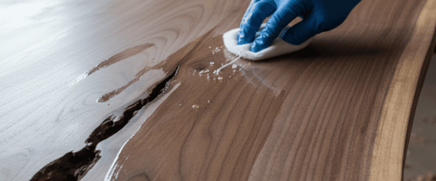 Gloved hand applying finish with sponge to a live-edge walnut tabletop, highlighting wood grain and resin-filled natural crack.
