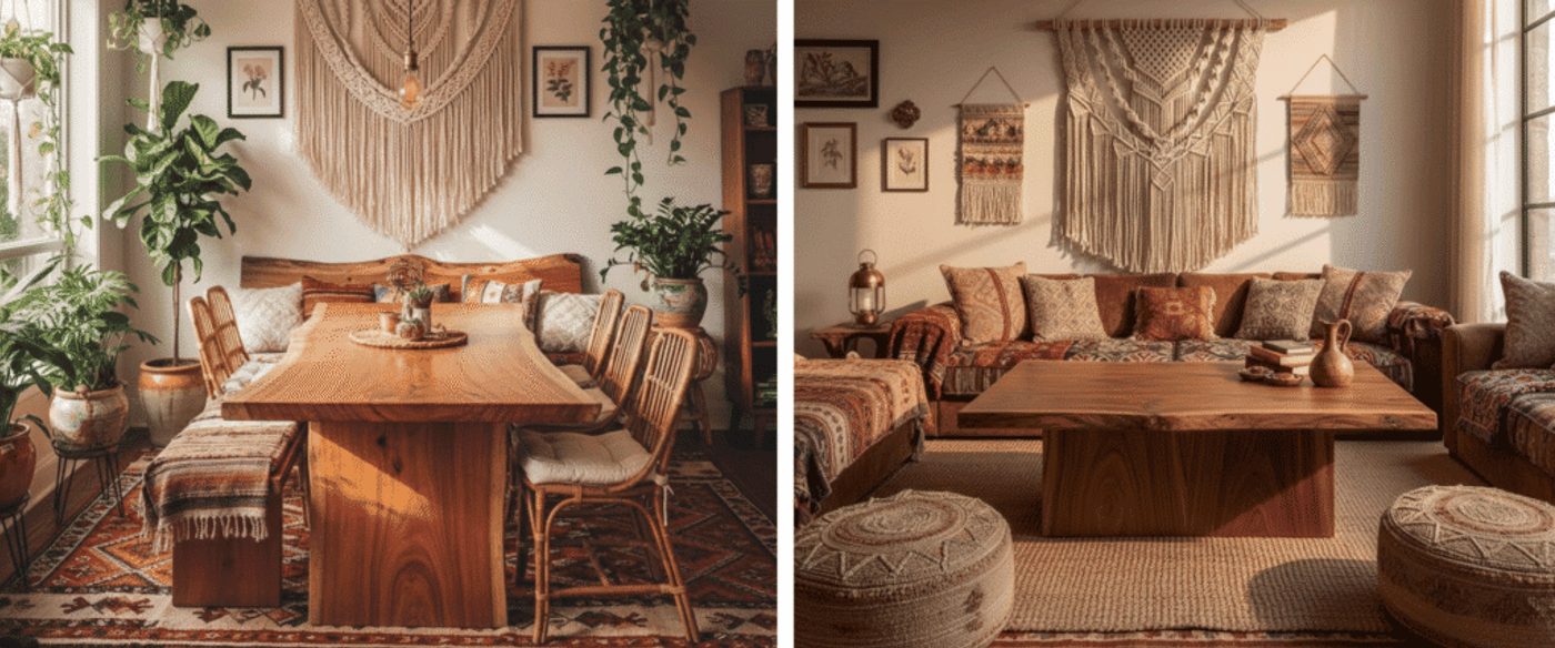 Warm, boho living room with macramé wall hangings, patterned sofas, wooden coffee table, woven poufs, and sunlit window