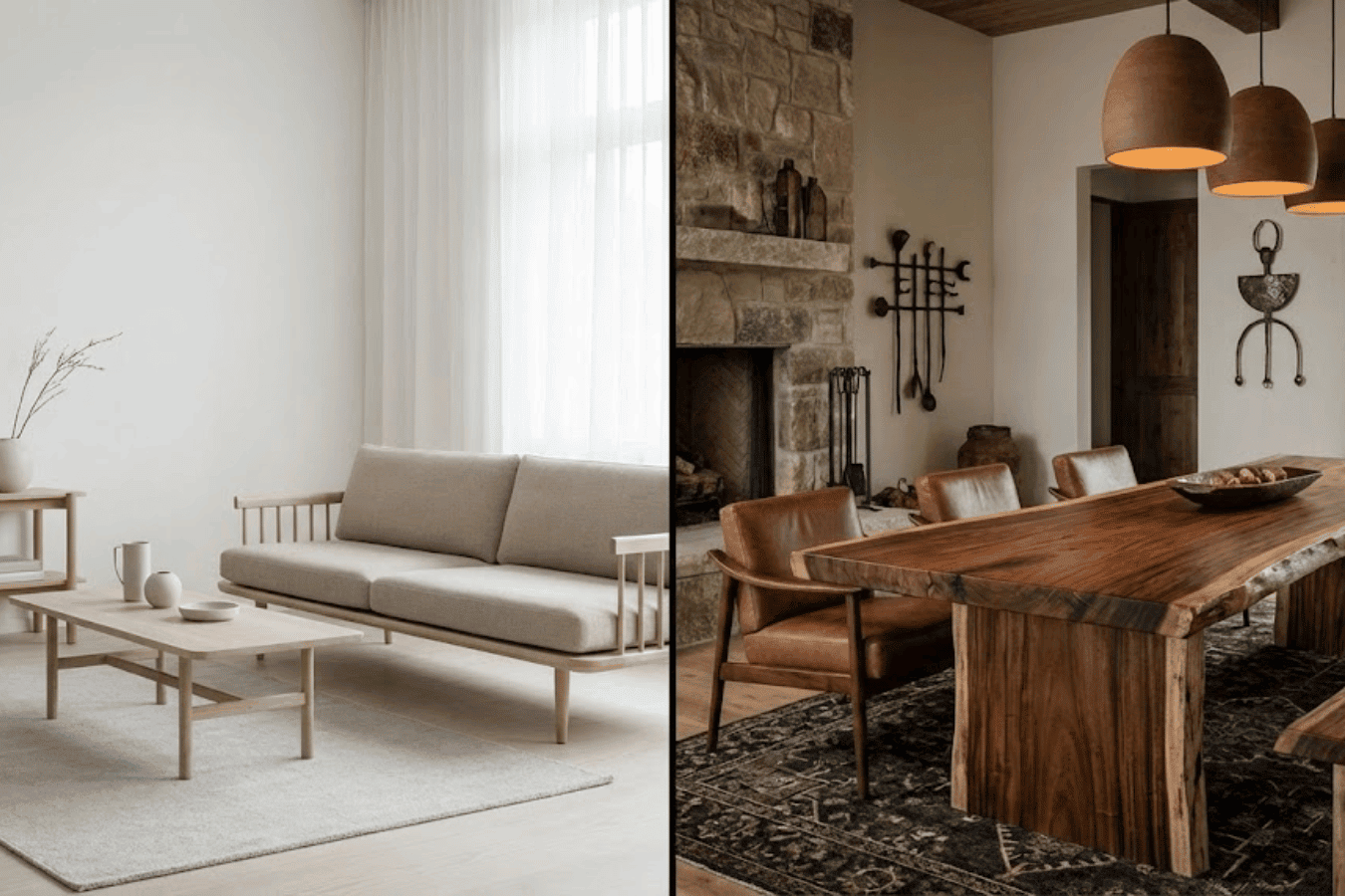 Left: minimalist living room with light wood sofa, coffee table and neutral decor; Right: rustic dining room with live-edge wood table, leather chairs and pendant lights