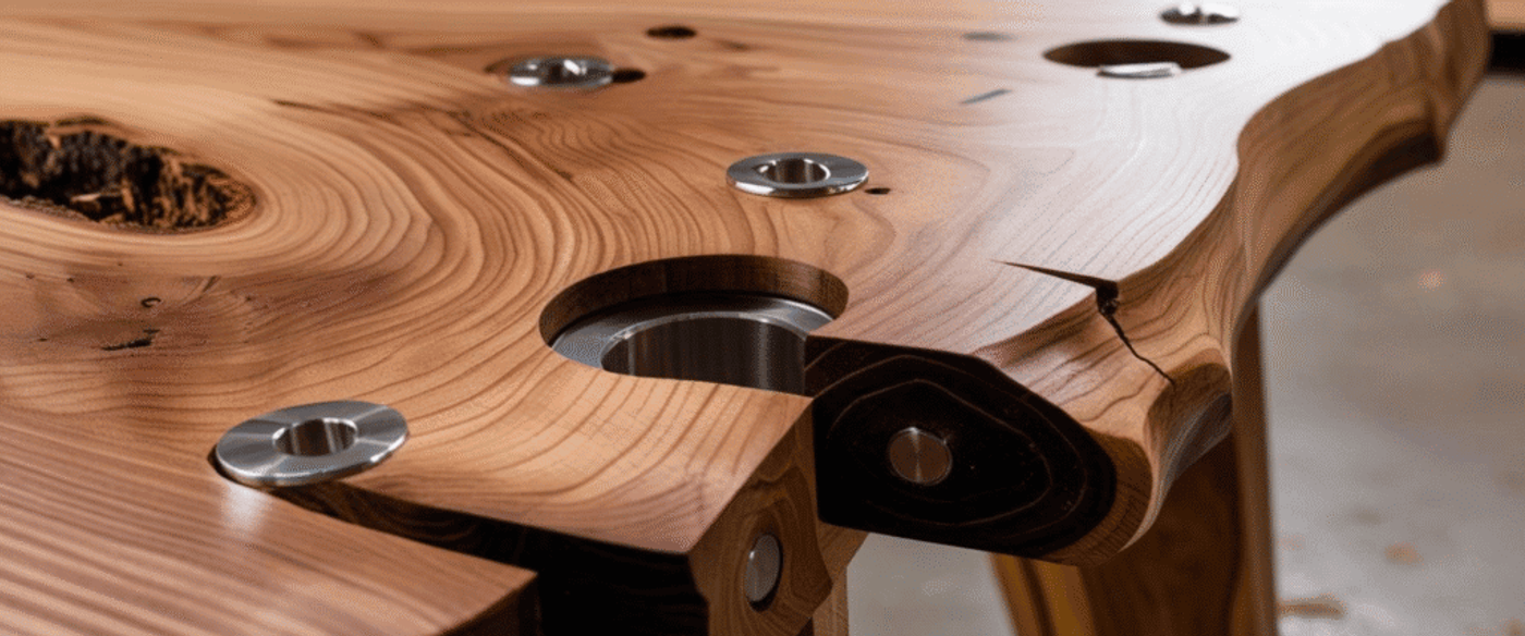 Wooden table close-up showing natural grain, metal inserts, and smooth finish with live edge detail.