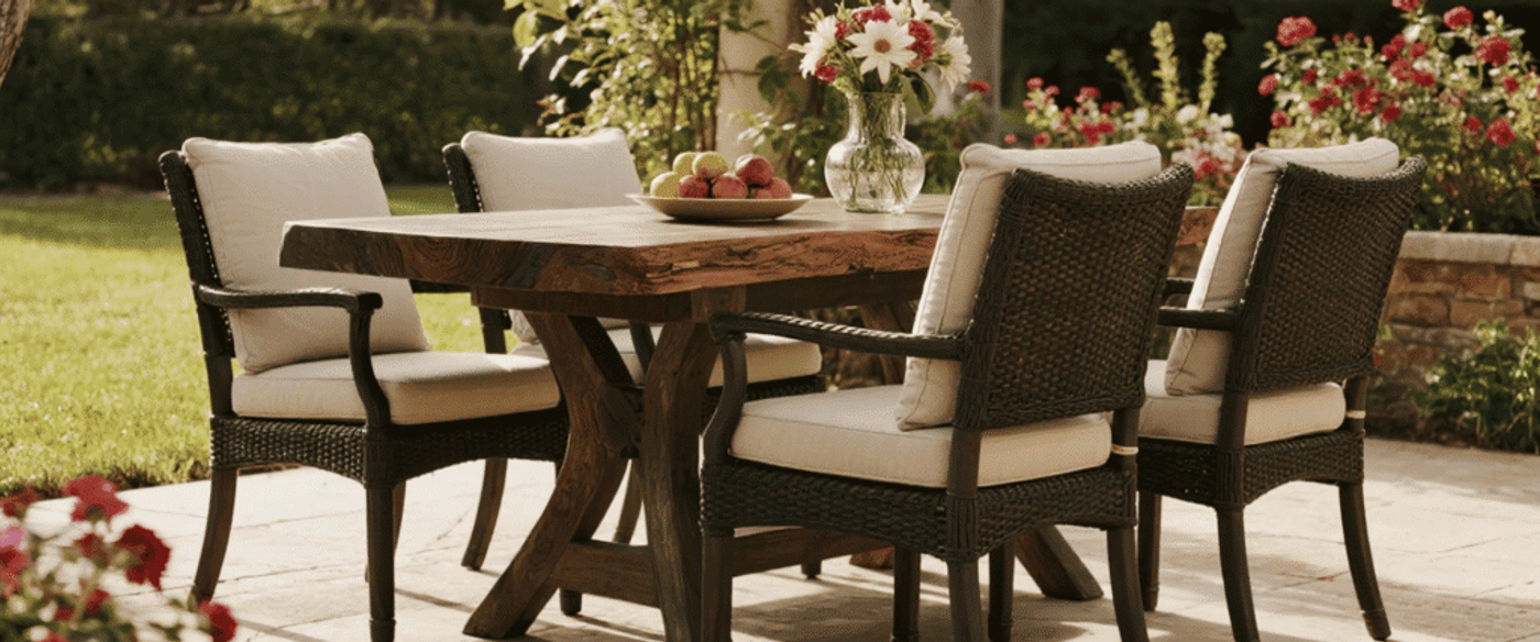 Sunlit outdoor dining set with a wooden table, four cushioned wicker chairs, and a vase of flowers on a stone patio.