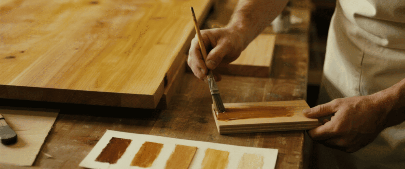 Hands of a woodworker brushing stain onto a sample board beside a wooden tabletop and color swatches on a workbench