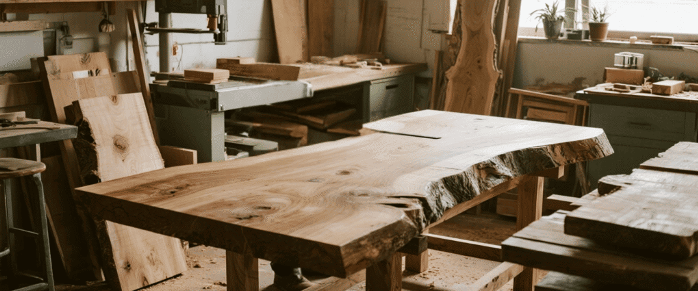 Woodworker smoothing a large live-edge wooden slab on a sturdy workbench inside a sunlit, tool-filled workshop.