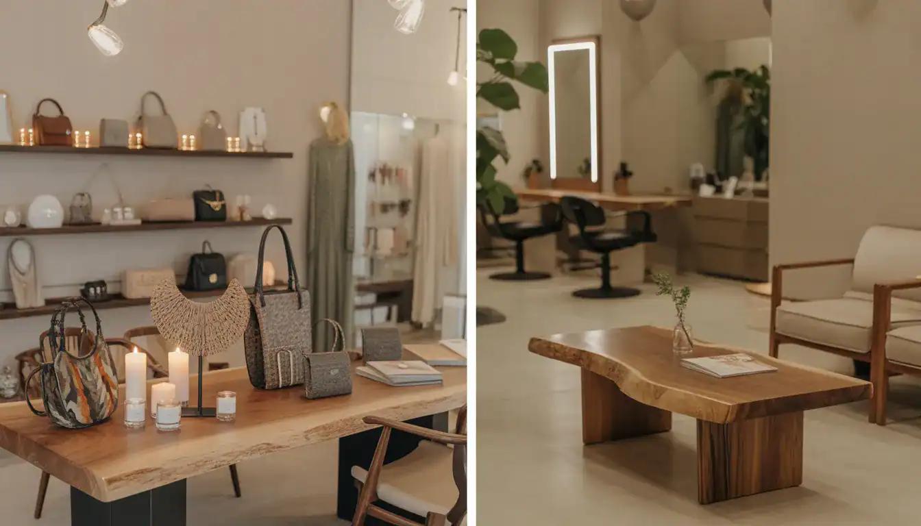 A minimalist boutique with wooden tables displaying handbags, candles, and accessories on one side, and a cozy seating area with a coffee table and salon chairs on the other