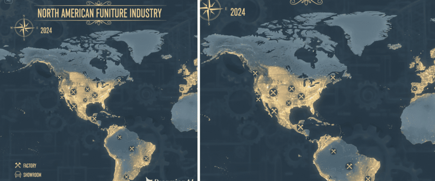 North American furniture industry map 2024 showing illuminated factory and showroom locations across North, Central and South America