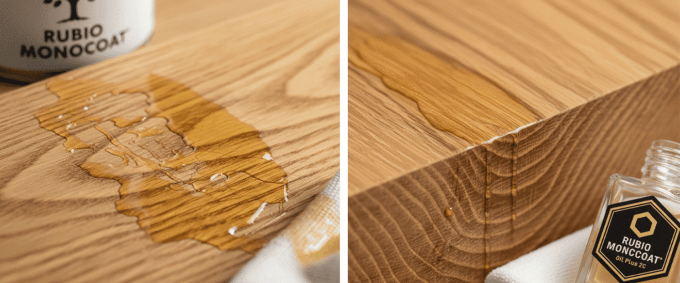 Wooden surface with a spilled glossy amber finish and a can of Rubio Monocoat