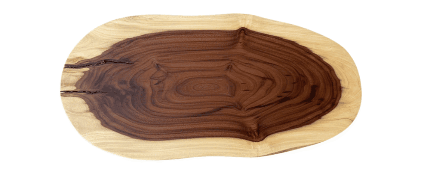 Hand-carved oval wood slab with dark heartwood rings and natural live edges, resting on a light concrete surface