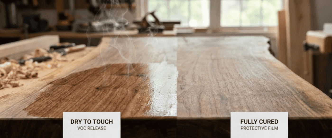 Hand-rubbed wooden tabletop in workshop showing half matte dry-to-touch finish and half glossy fully cured protective film