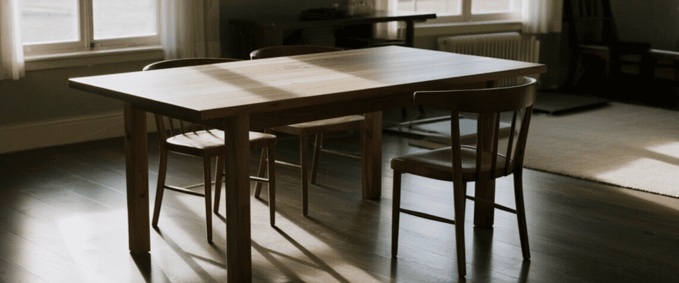 A finished wood table placed near a window with sunlight streaming in, but with a UV-blocking film on the glass