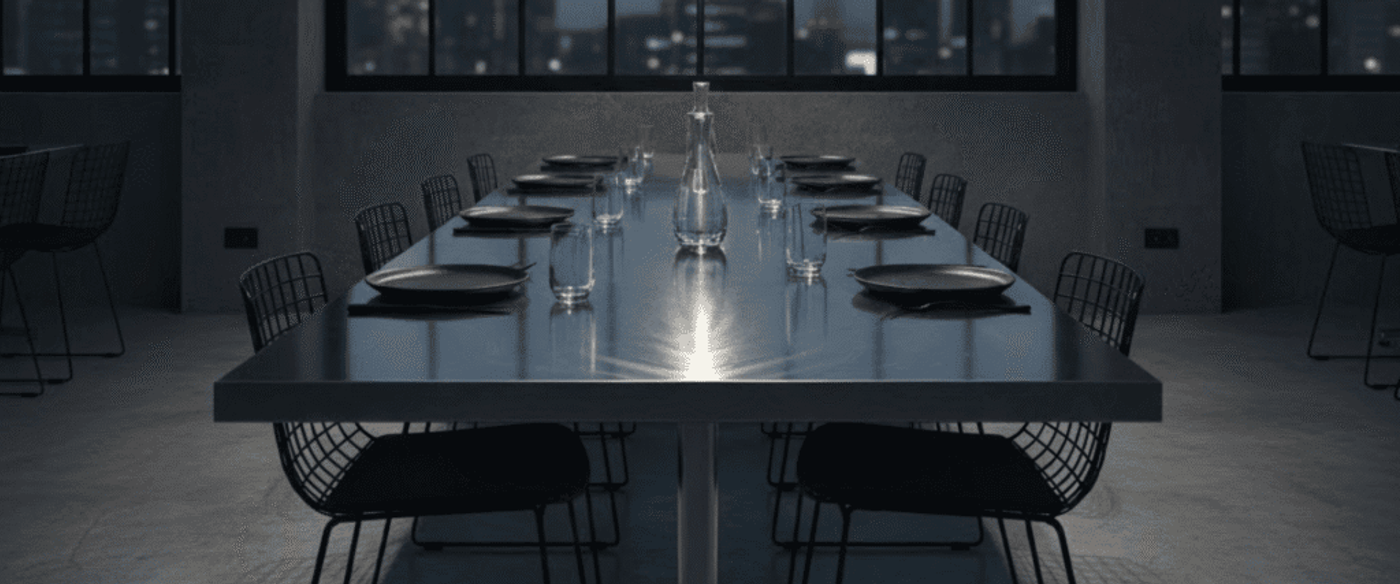 Long industrial dining table set for eight with wire chairs, pendant bulbs overhead, and city skyline visible through large windows