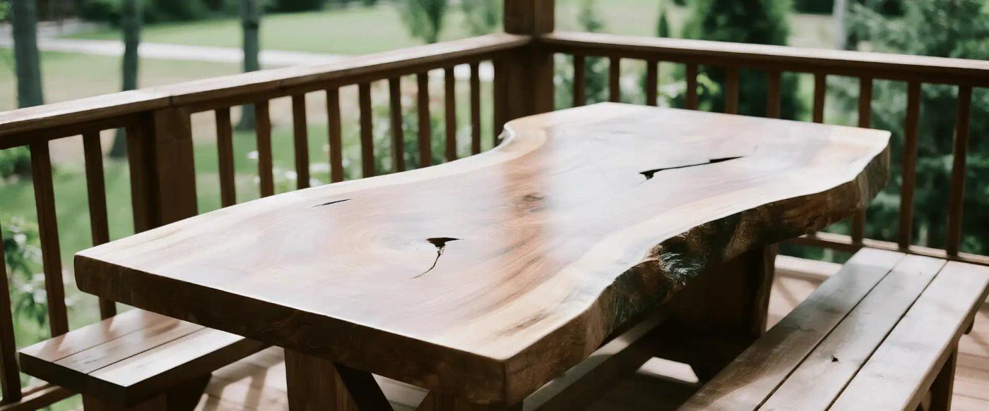 Wooden-outdoor-table-with-natural-edges-and-benches-on-a-deck-surrounded-by-trees-and-greenery