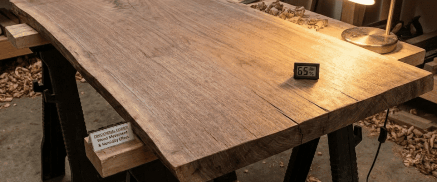 Live edge hardwood slab on sawhorses in a woodshop, lit by a lamp with a small hygrometer showing 65% humidity
