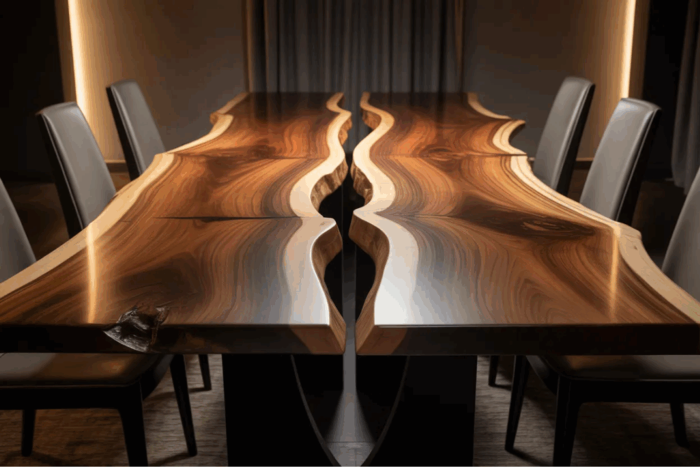Two-piece live edge wooden dining table with rich grain, surrounded by modern chairs in warm, elegant room.