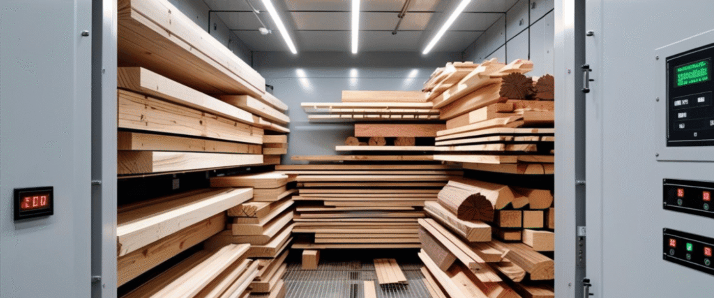 Wood planks stored in a controlled drying chamber to reduce moisture content, ensuring quality and durability for construction or woodworking.