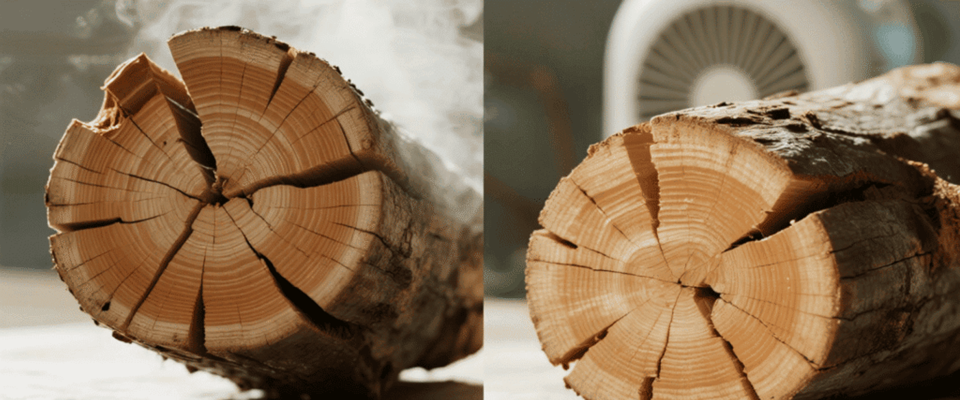 Smoked split log showing growth rings, radial cracks, and rough bark on a tabletop with soft background details.