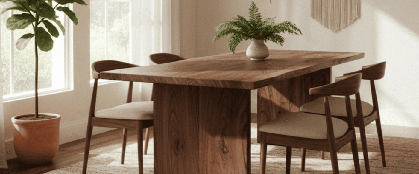 Warm, sunlit dining room with a solid walnut table, four mid-century chairs, woven pendant lights, indoor plants, and macramé wall hanging