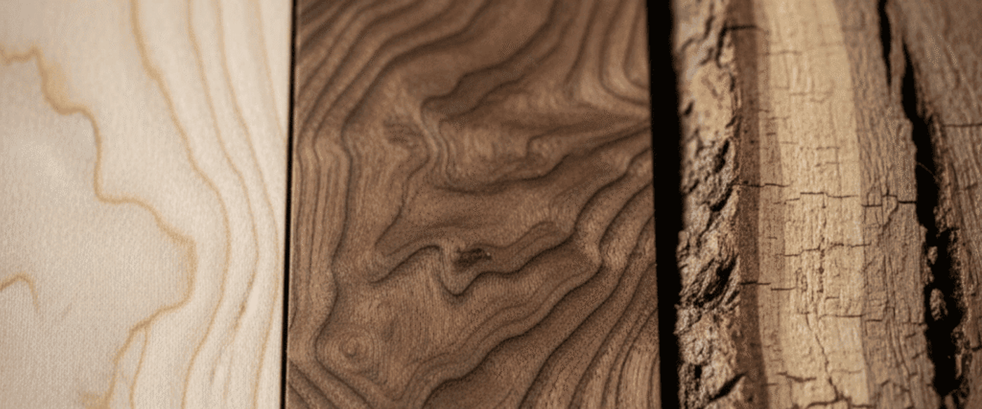 Three vertical wood panels showing pale maple grain, rich dark walnut swirls, and rough bark edge on weathered oak, textured and warm