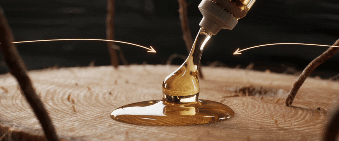 Golden honey pouring from a squeeze bottle onto a tree stump, pooling on the wood grain