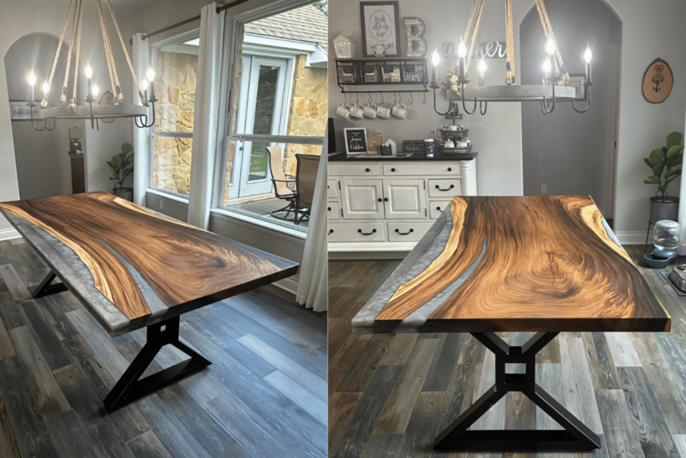 A modern dining table with a live edge wood slab and epoxy resin river, supported by a sturdy black metal base, set in a bright dining room with wooden floors and stylish lighting.