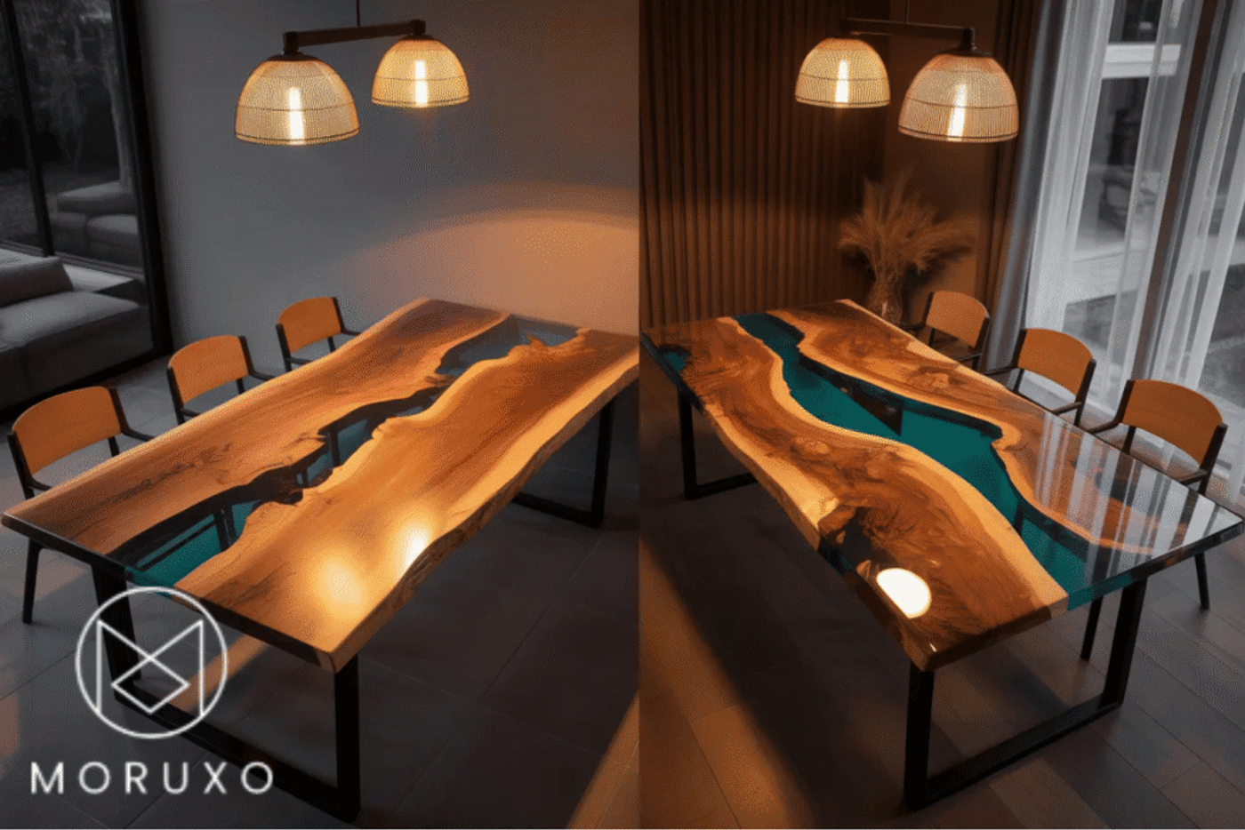 Two views of a modern dining table with a natural wood slab and blue resin river design, surrounded by wooden chairs and illuminated by hanging pendant lights