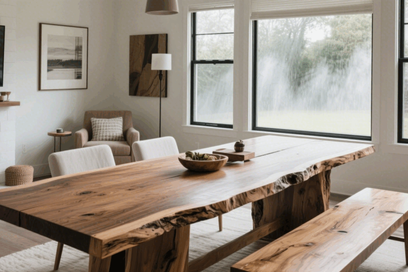 Live edge wooden dining table with matching bench and chairs in a bright, modern room with large windows and minimalist decor.