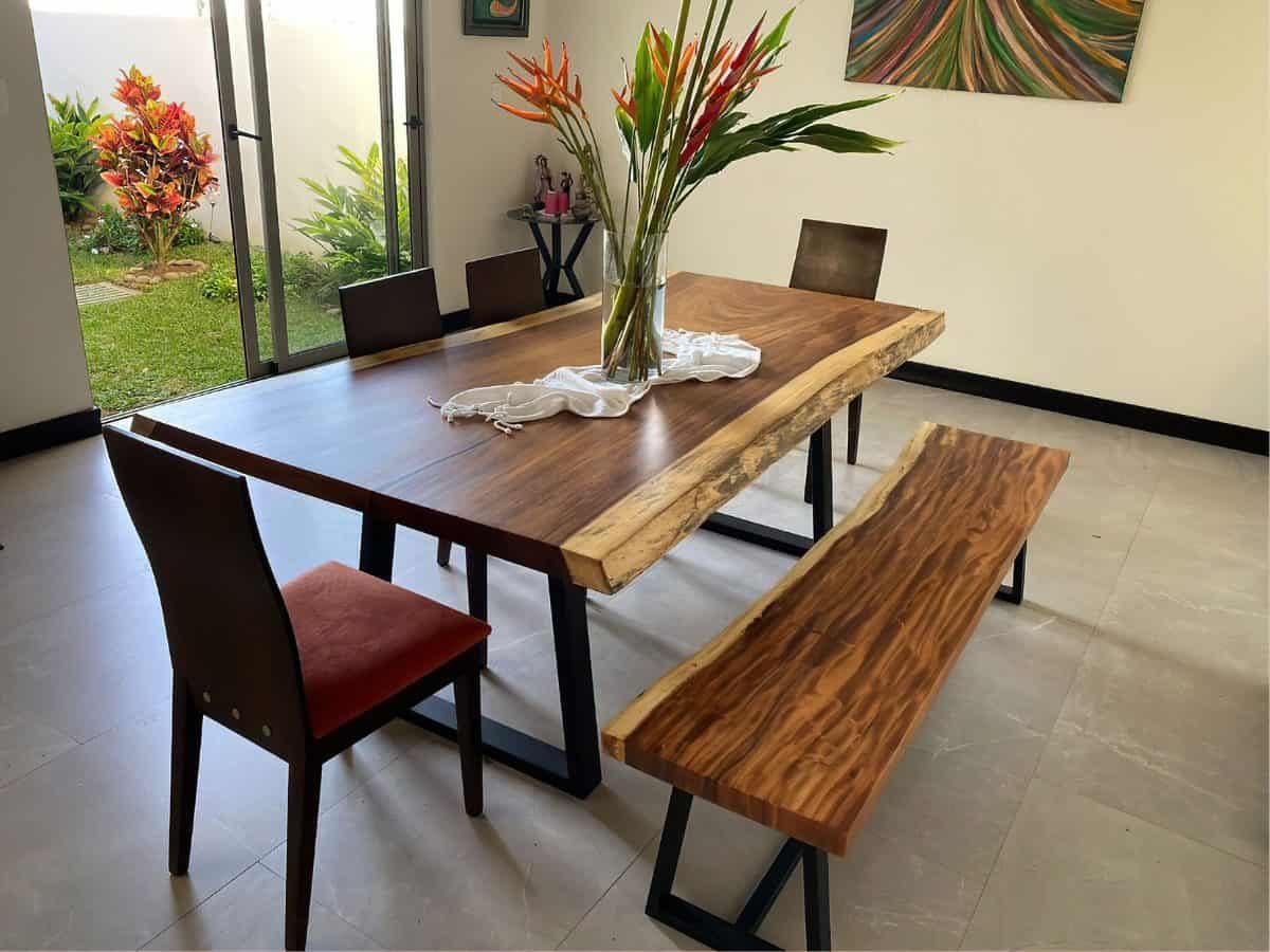 Beautiful live edge dining table with bench in modern dining room