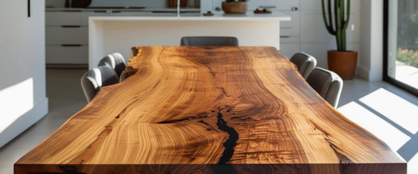 Close-up of a polished live edge wooden dining table with natural grain patterns, surrounded by chairs in a modern kitchen setting