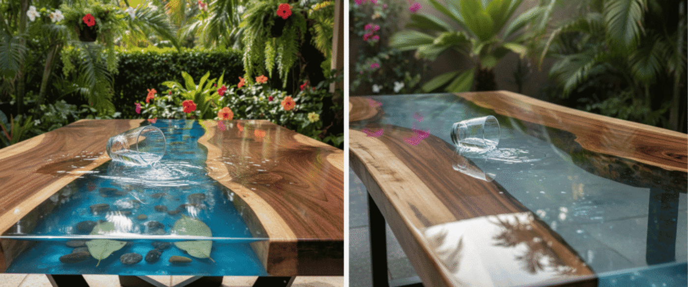 Glass-topped river-style epoxy table with spilled glass, visible stones and leaves beneath clear blue resin, tropical garden backdrop, vibrant flowers.