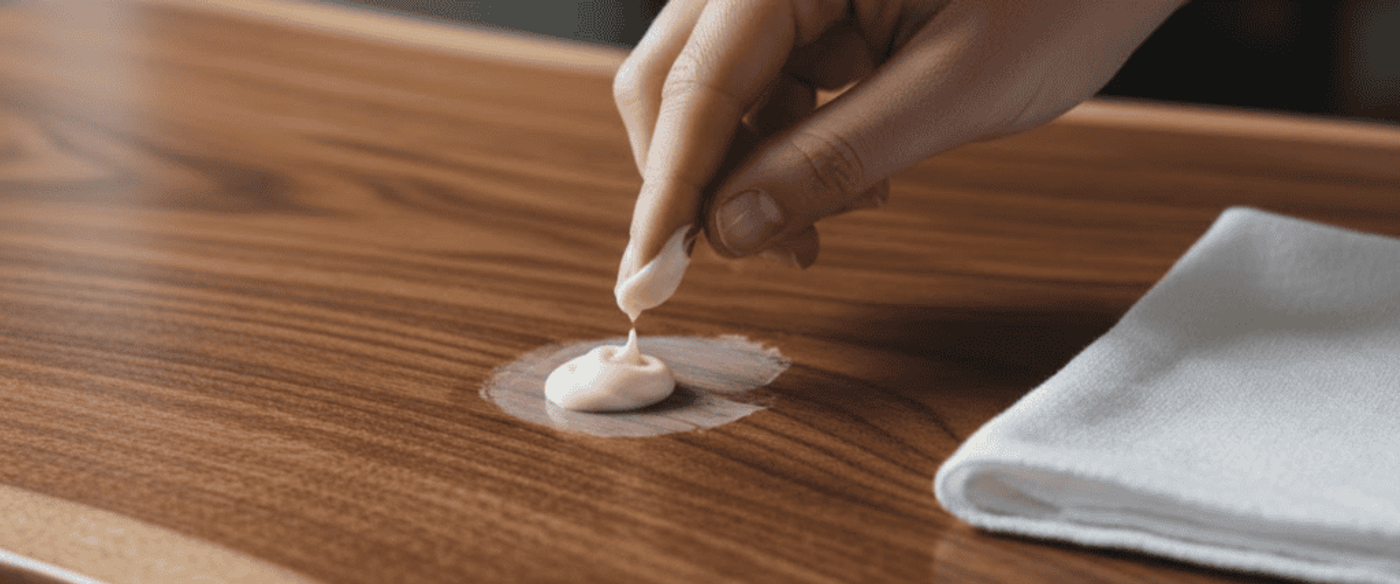 Hand spreading a small dollop of cream onto a wooden table with a white cloth nearby, repairing or treating a surface