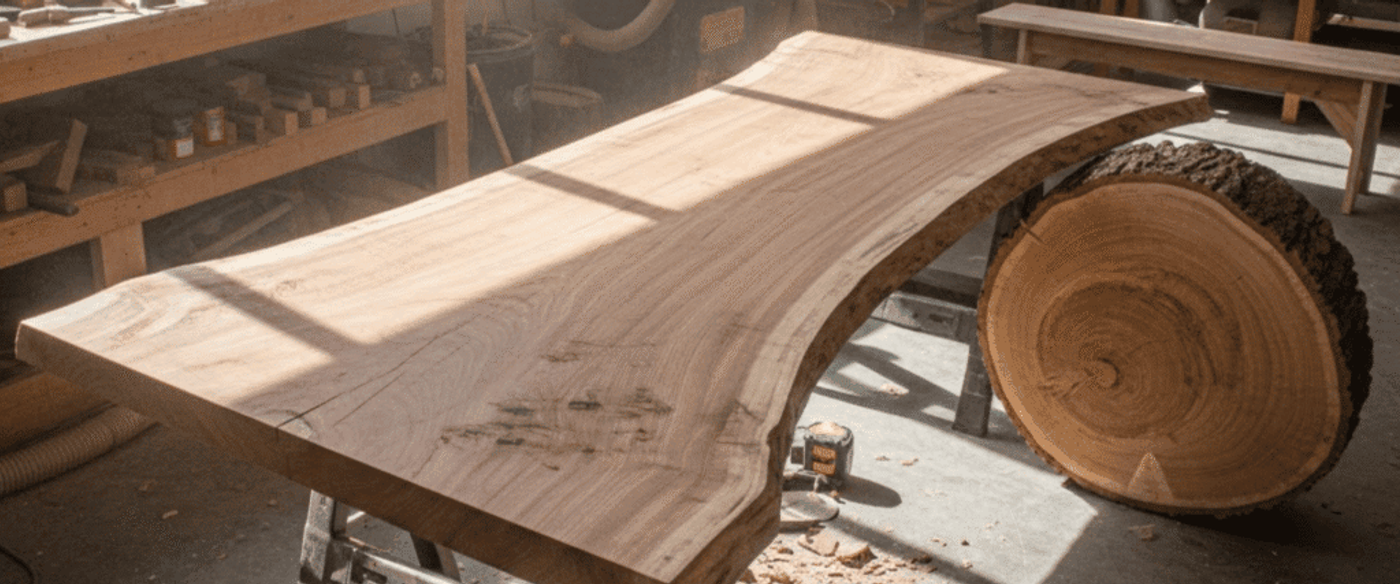 Sunlit woodworking shop with a live-edge slab on sawhorses, tools scattered, and a large log section