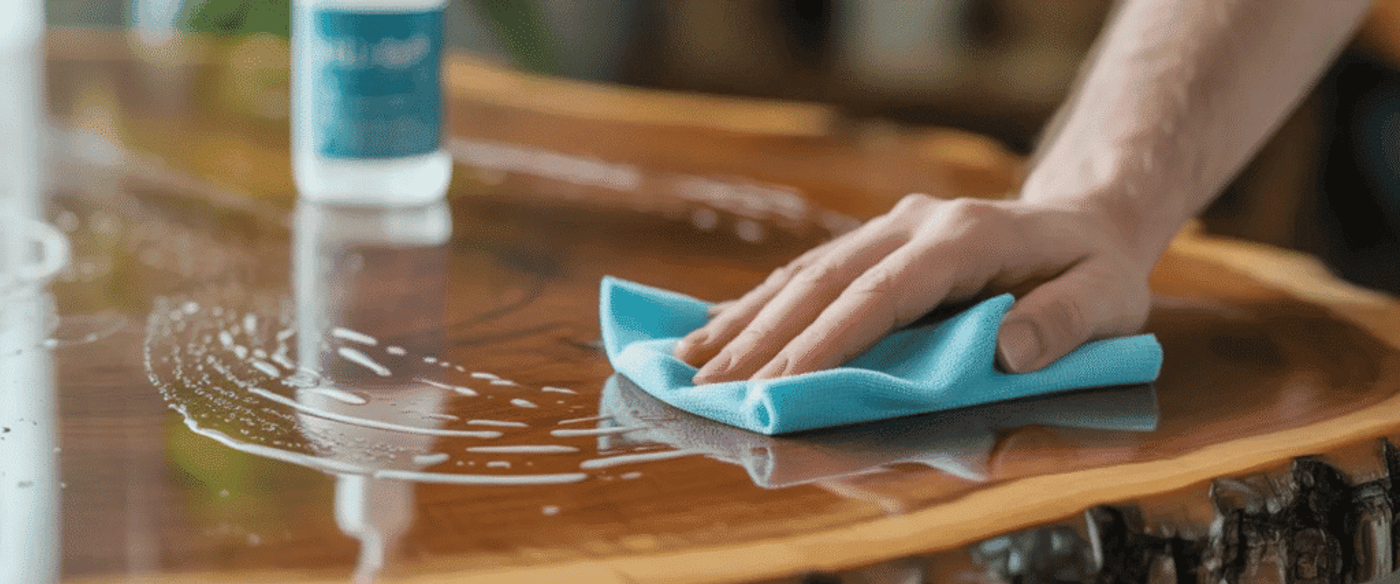Hand wiping a glossy live-edge wooden table with a blue microfiber cloth and spray bottle nearby, removing liquid and streaks