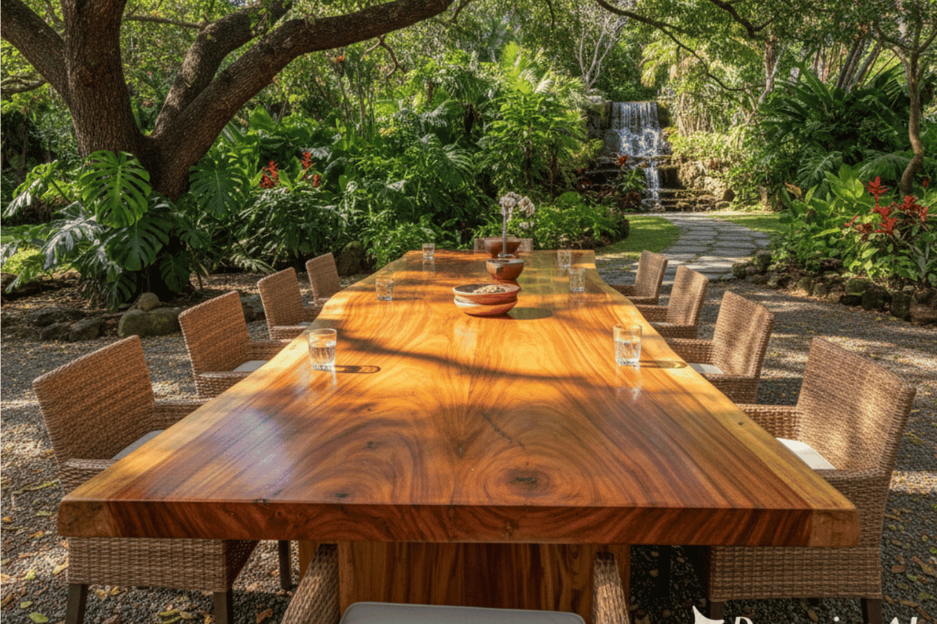 Outdoor wooden dining table beneath sprawling oak, wicker chairs, tropical garden path and waterfall in sunlight