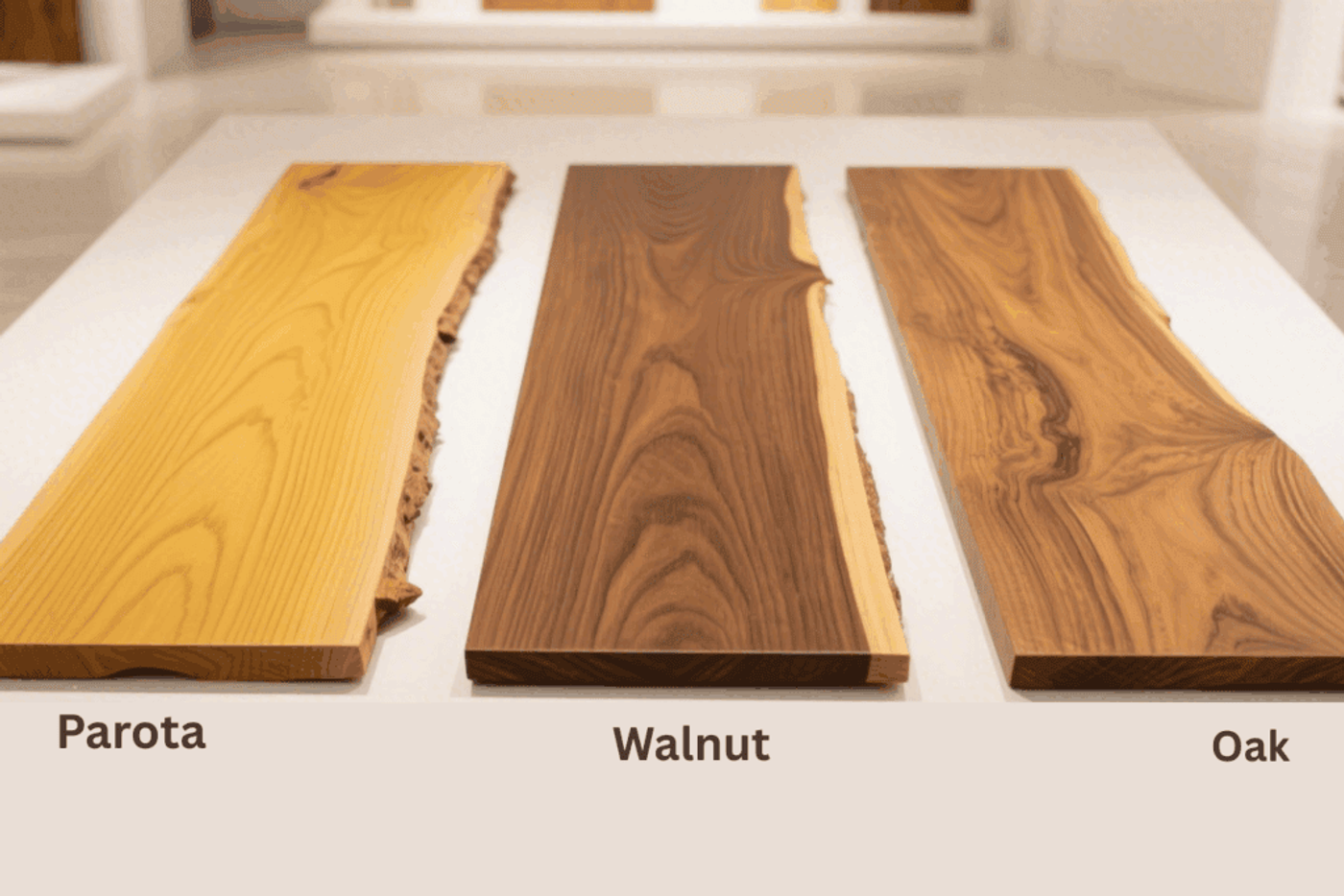 Three wood samples labeled Parota, Walnut, Oak displayed on a white surface, showcasing different wood grains and colors.