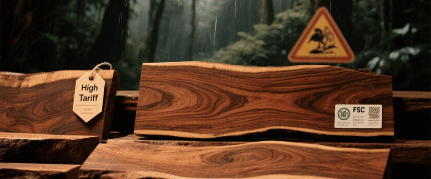 Wooden slabs with rich grain stacked in a rainforest setting, one labeled High Tariff and an FSC certification sticker visible.