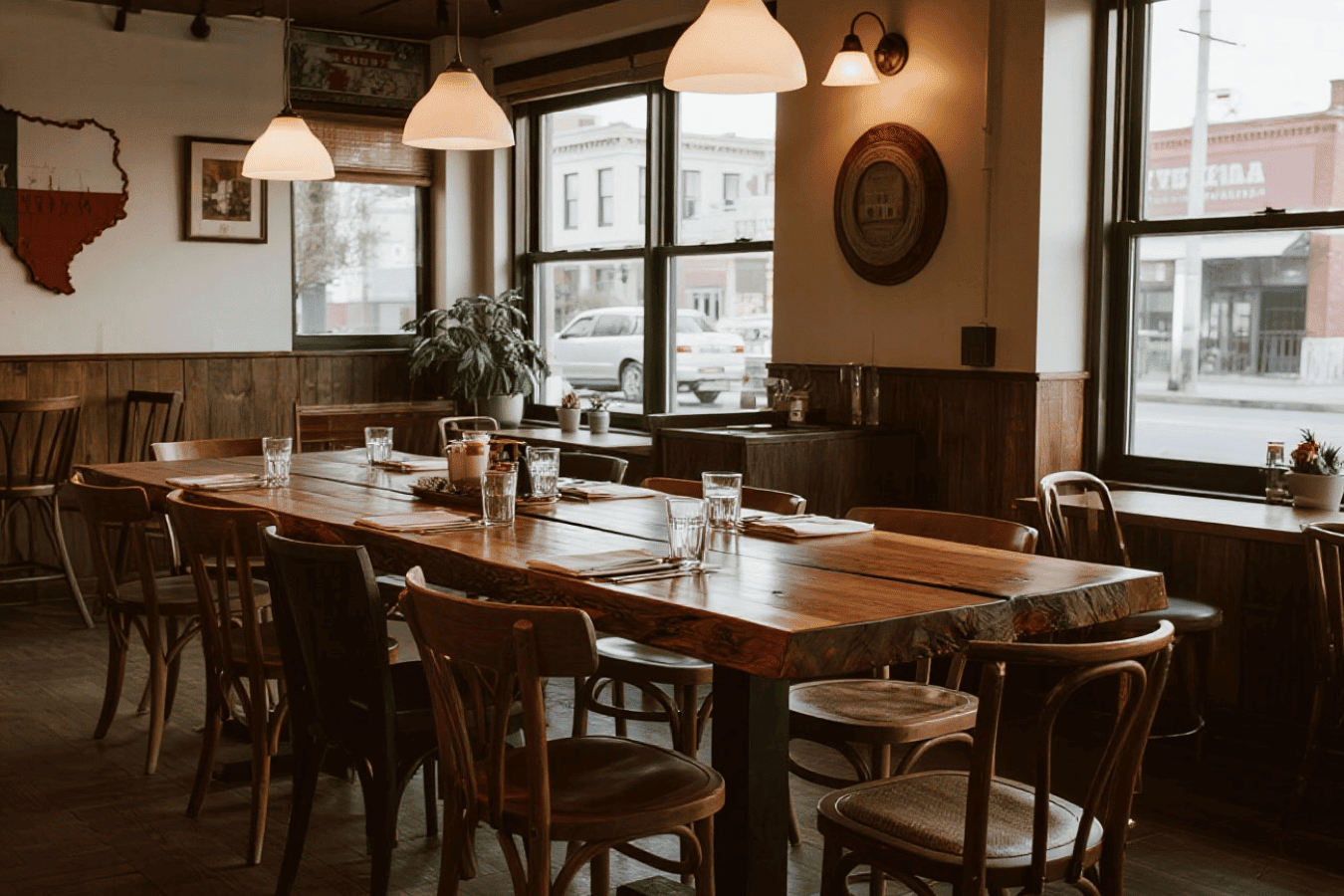 Warm, cozy diner with a long wooden communal table set with glasses and napkins, vintage decor and large windows showing Main Street.