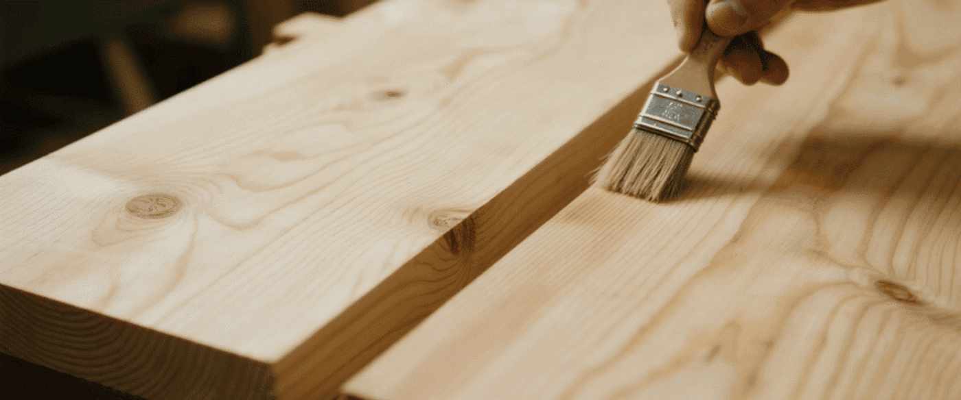 Hand brushing clear finish onto two smooth pine boards, showing wood grain and knot detail.