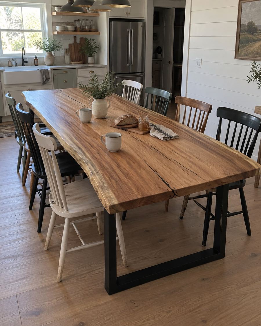 Rendering of the Gemma Decima slab as a dining table with Traditional Legs in a modern farmhouse home