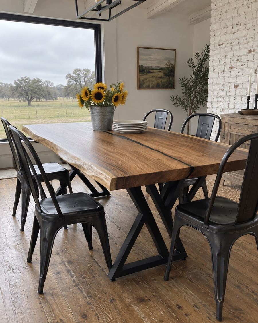 Rendering of the Milena Sexta slab as a dining table with Double Y Legs in a modern farmhouse home