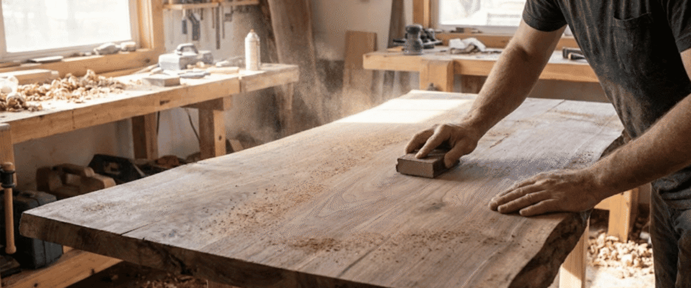 Woodworker sanding a large live-edge wooden slab on a workbench in a sunlit workshop, sawdust rising into the air