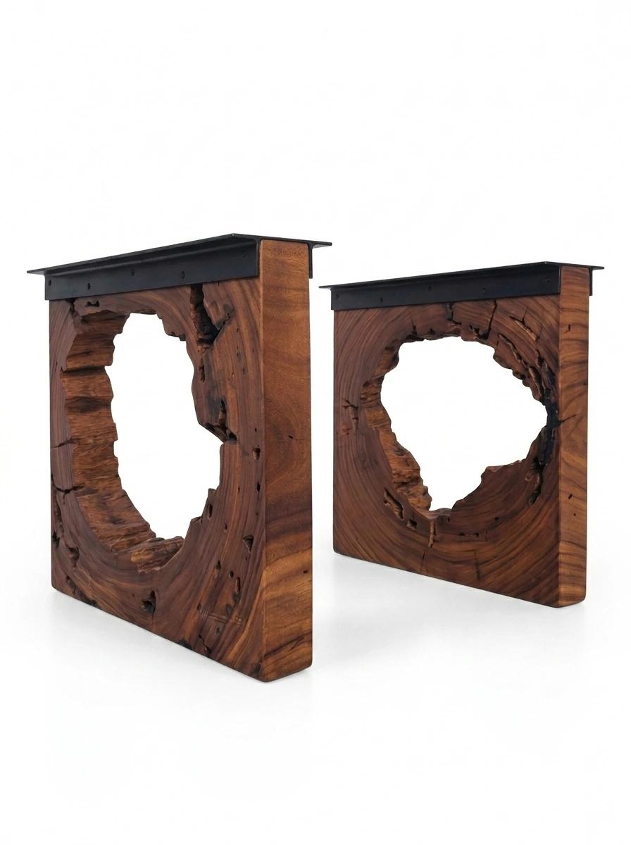 Natural wood slab table legs with hollow centers and visible live edge grain.