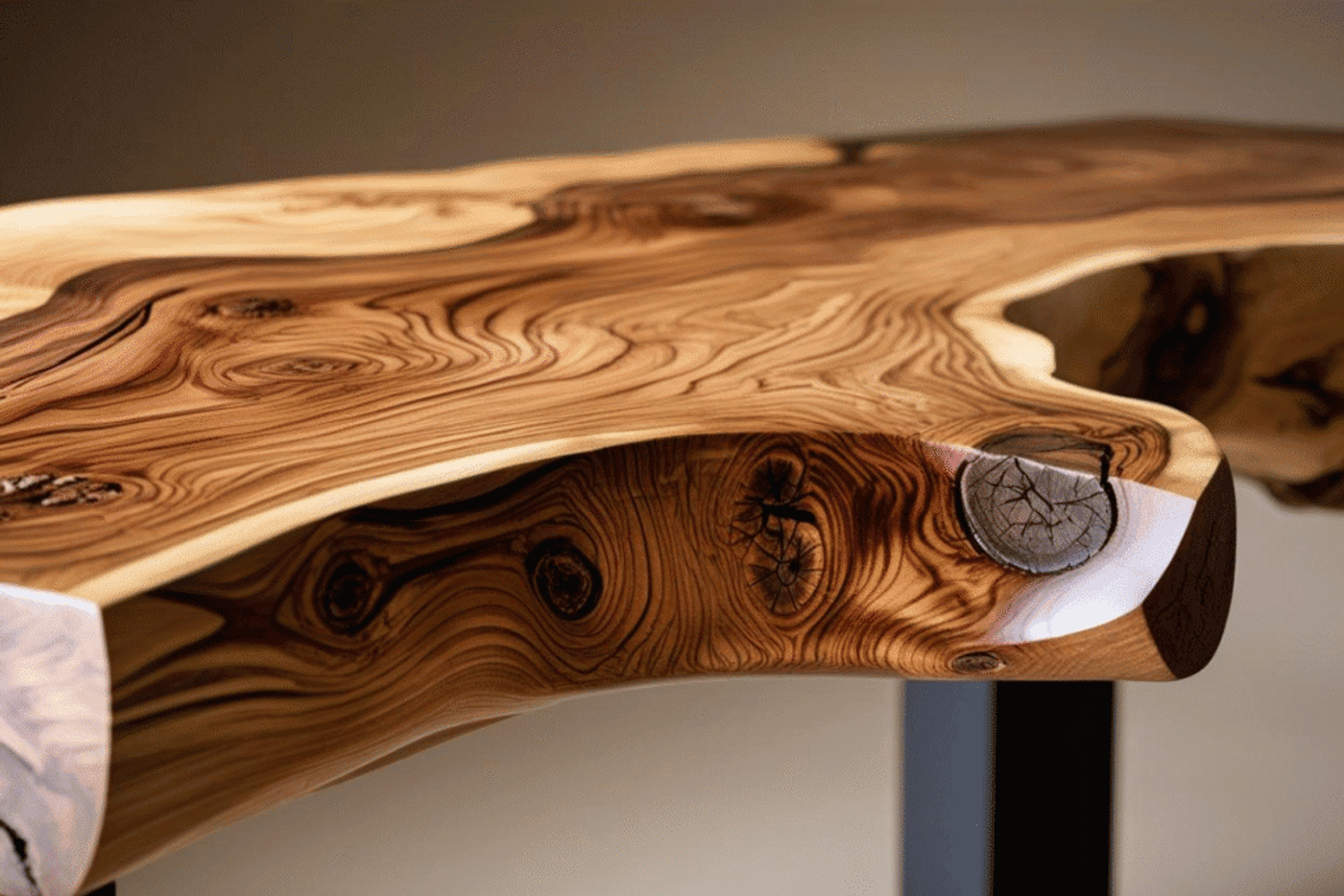 Natural wood slab table with visible grain patterns and knots, showcasing organic texture and craftsmanship.